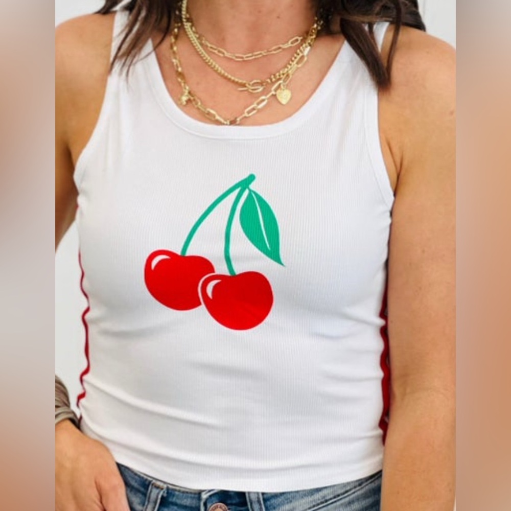 NWOT - I Joah - White Cherry Ribbed Tank Top - Womans Small